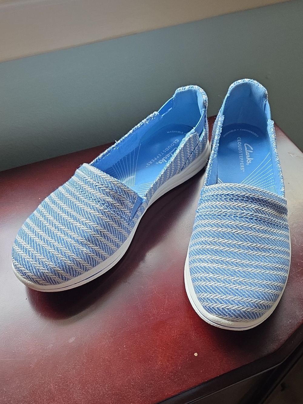 Clarks Light Blue Stripe Slip-On Flats